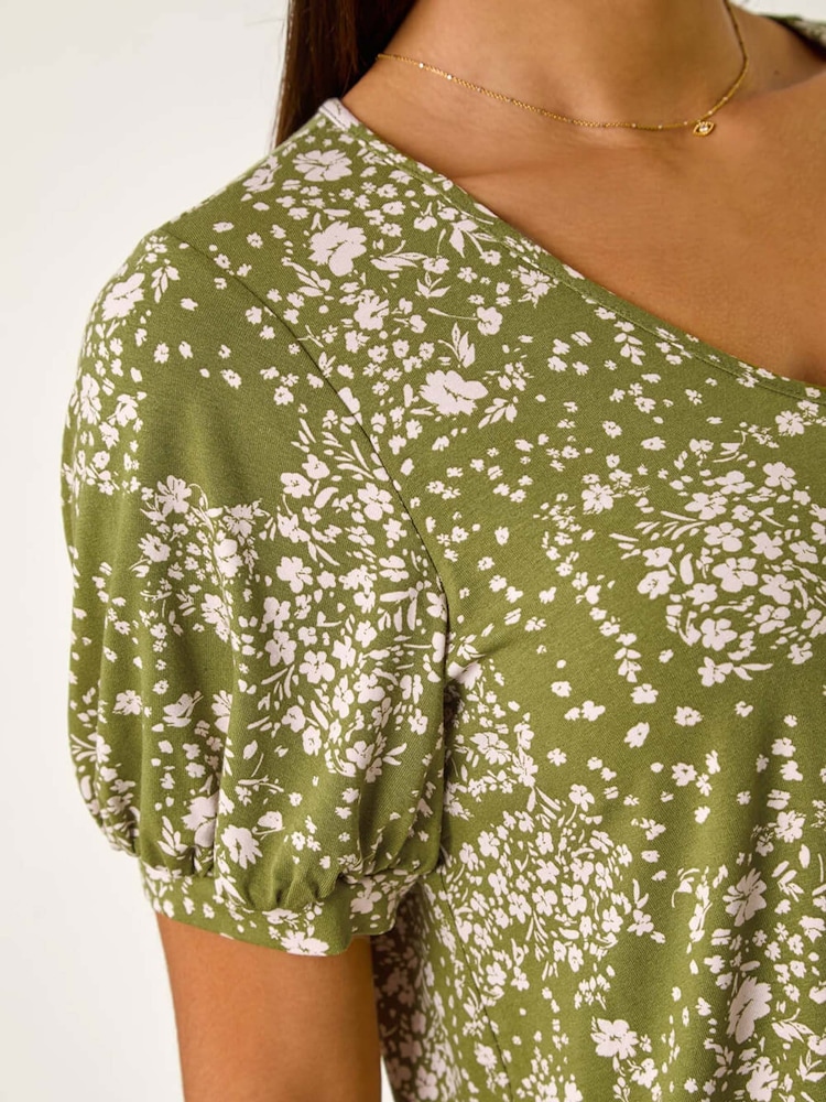 Roman Green Floral Print Bubble Hem Top - Image 5 of 5