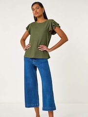 Roman Green Textured Frill Sleeve T-Shirt - Image 1 of 5