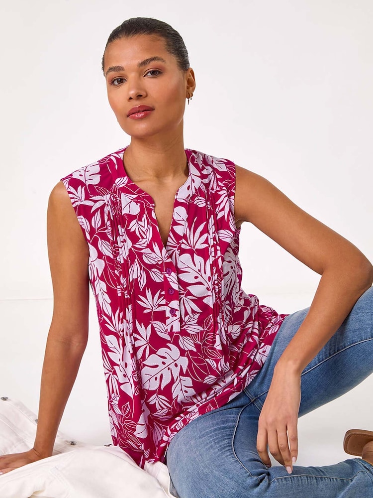 Roman Pink Textured Leaf Print Vest Top - Image 1 of 5