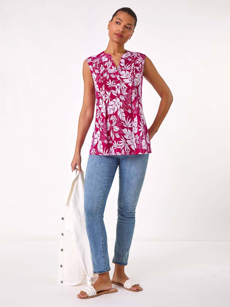 Roman Pink Textured Leaf Print Vest Top - Image 2 of 5