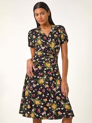 Roman Pink Floral Print Ring Detail Midi Dress - Image 1 of 5