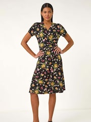 Roman Pink Floral Print Ring Detail Midi Dress - Image 3 of 5