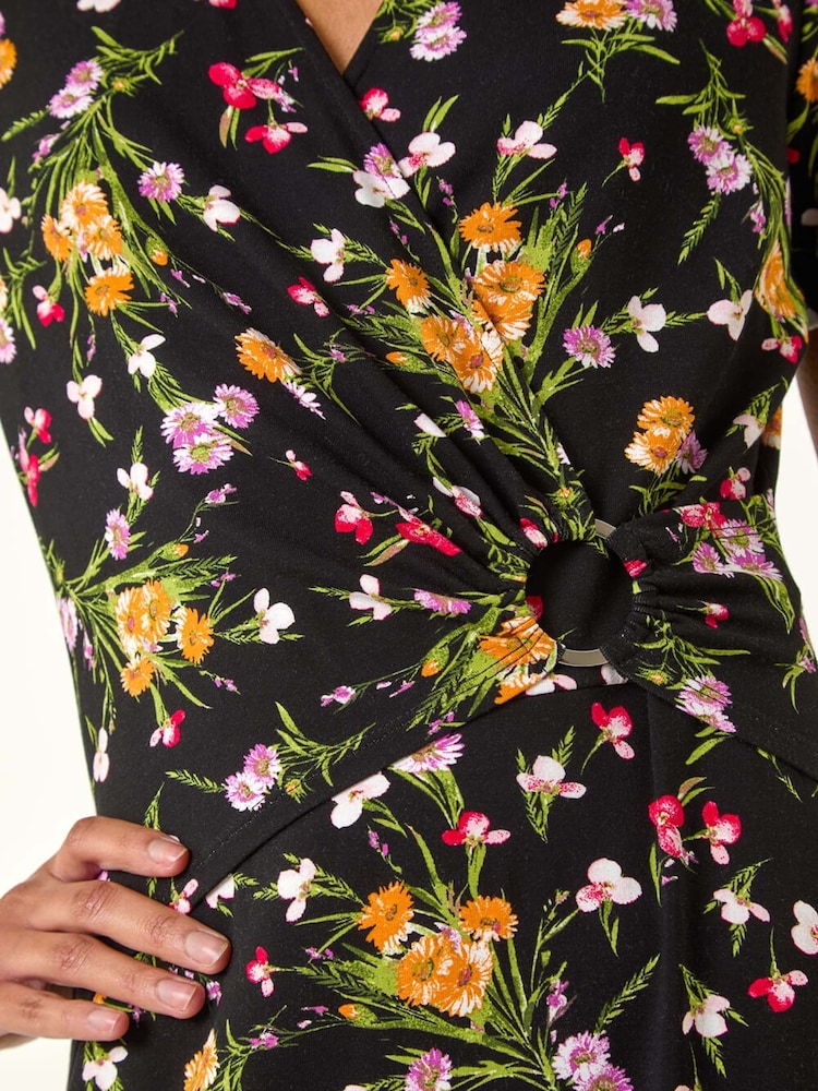 Roman Pink Floral Print Ring Detail Midi Dress - Image 5 of 5