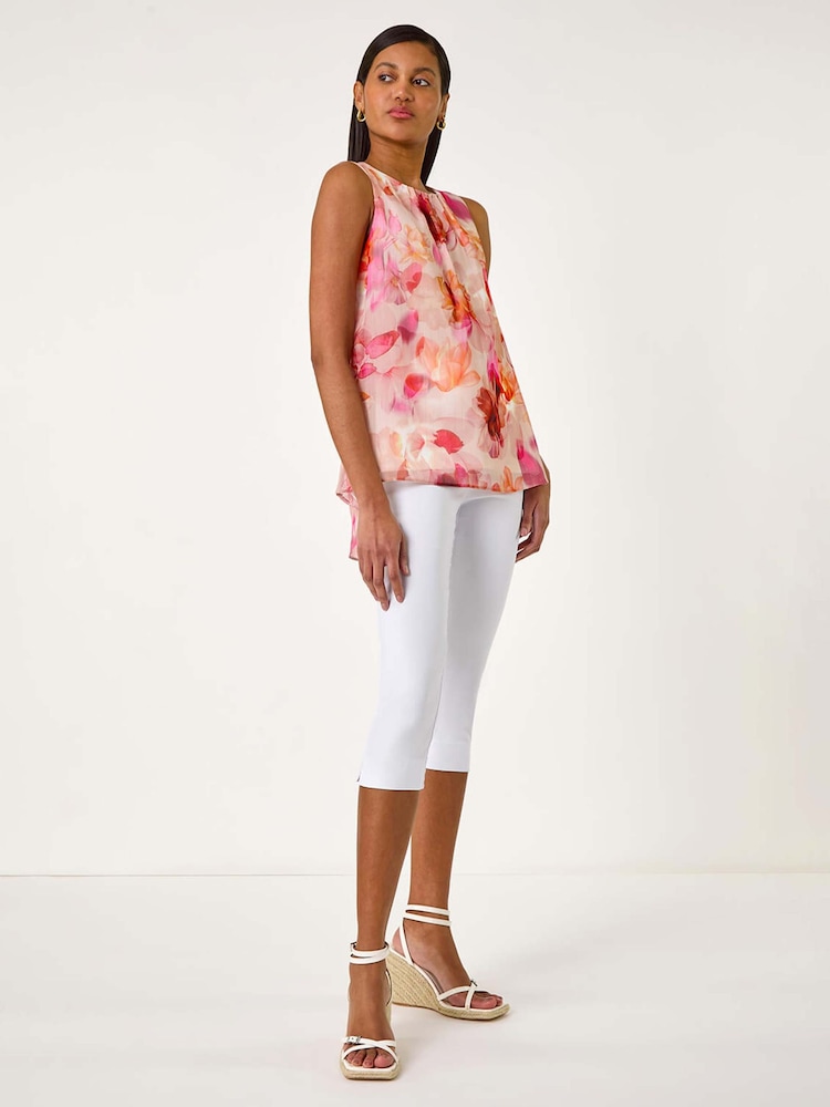 Roman Pink Floral Print Metallic Shell Top - Image 2 of 5