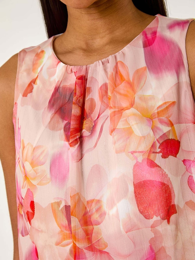 Roman Pink Floral Print Metallic Shell Top - Image 5 of 5