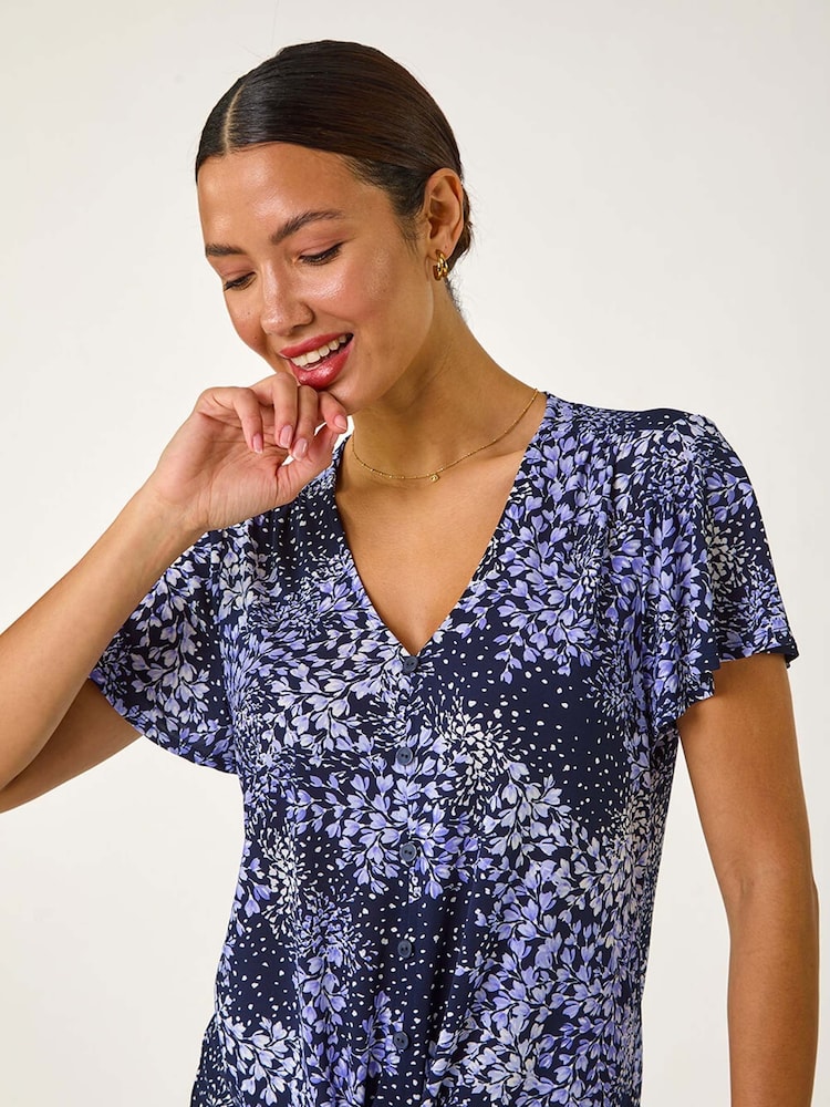 Top Roman cu imprimeu floral, legat în față, din material elastic - Image 1 of 5