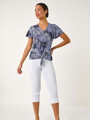 Top Roman cu imprimeu floral, legat în față, din material elastic - Image 2 of 5