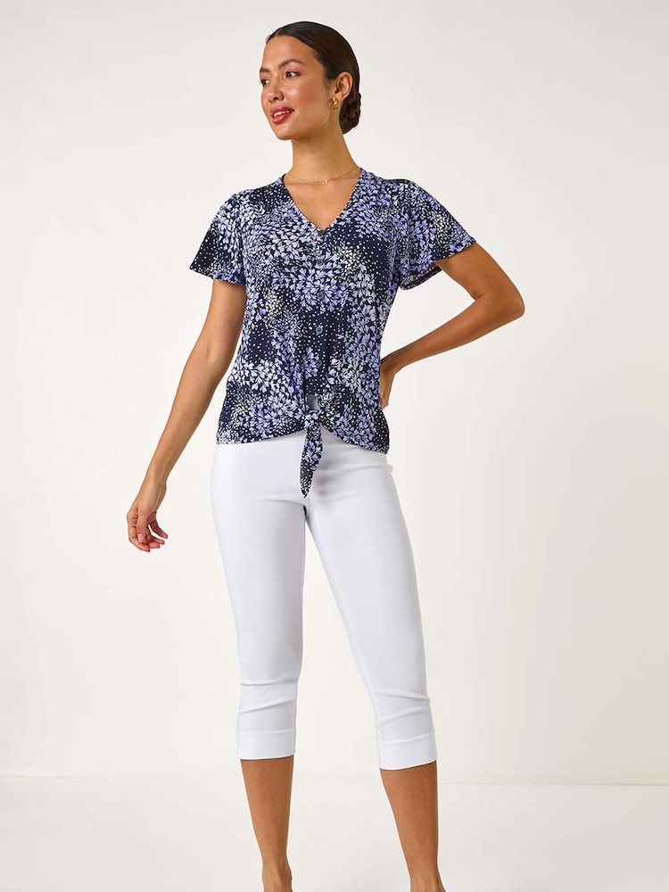 Top Roman cu imprimeu floral, legat în față, din material elastic - Image 2 of 5