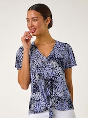 Top Roman cu imprimeu floral, legat în față, din material elastic - Image 3 of 5