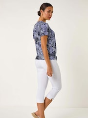 Top Roman cu imprimeu floral, legat în față, din material elastic - Image 4 of 5