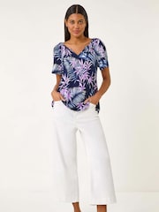 Roman Blue Textured Print Notch Neck Stretch Top - Image 2 of 5