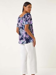 Roman Blue Textured Print Notch Neck Stretch Top - Image 3 of 5