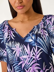 Roman Blue Textured Print Notch Neck Stretch Top - Image 5 of 5