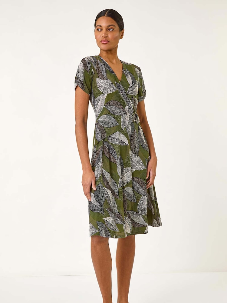 Roman Green Leaf Print Ring Detail Midi Dress - Image 1 of 5
