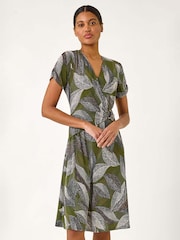 Roman Green Leaf Print Ring Detail Midi Dress - Image 3 of 5