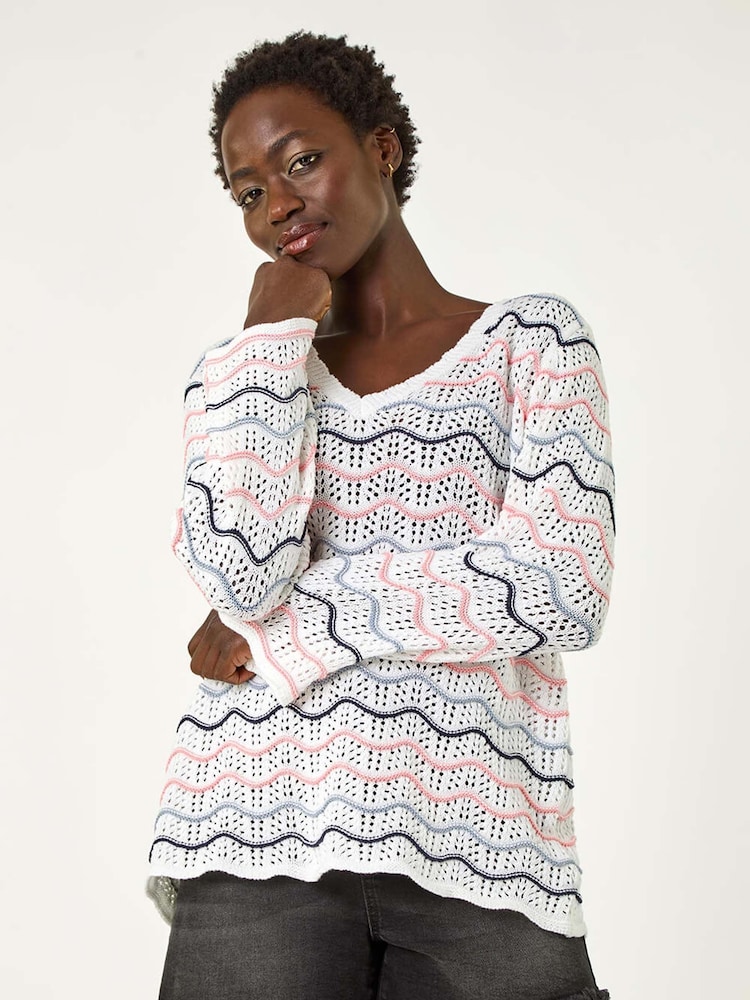 Roman White Multi Wave Scallop Crochet Jumper - Image 4 of 5