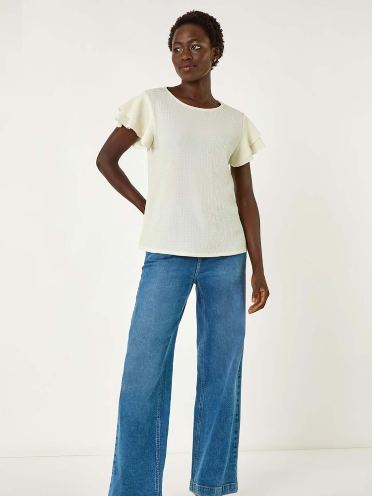 Roman White Textured Frill Sleeve T-Shirt - Image 1 of 5 Roman White Textured Frill Sleeve T-Shirt - Image 1 of 5