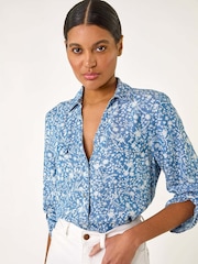 Roman Blue Floral Print Button Through Shirt - Image 1 of 5