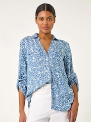 Roman Blue Floral Print Button Through Shirt - Image 4 of 5