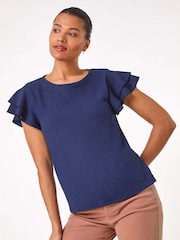 Roman Blue Textured Frill Sleeve T-Shirt - Image 1 of 5