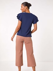 Roman Blue Textured Frill Sleeve T-Shirt - Image 2 of 5
