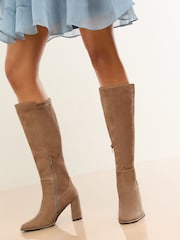 Lipsy Taupe Standard fit Block Heel Stretch Faux Suede Boots - Image 1 of 5