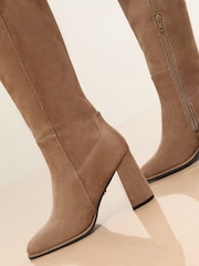 Lipsy Taupe Standard fit Block Heel Stretch Faux Suede Boots - Image 2 of 5