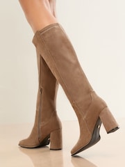 Lipsy Taupe Standard fit Block Heel Stretch Faux Suede Boots - Image 4 of 5