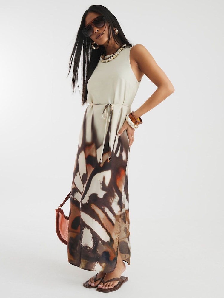 River Island Cream Petite Printed Bias Slip Midi Dress - Image 1 of 4 River Island Cream Petite Printed Bias Slip Midi Dress - Image 1 of 4