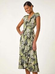Roman Green Floral Stretch Midi Wrap Dress - Image 1 of 5