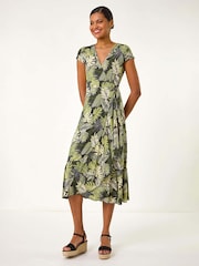 Roman Green Floral Stretch Midi Wrap Dress - Image 2 of 5