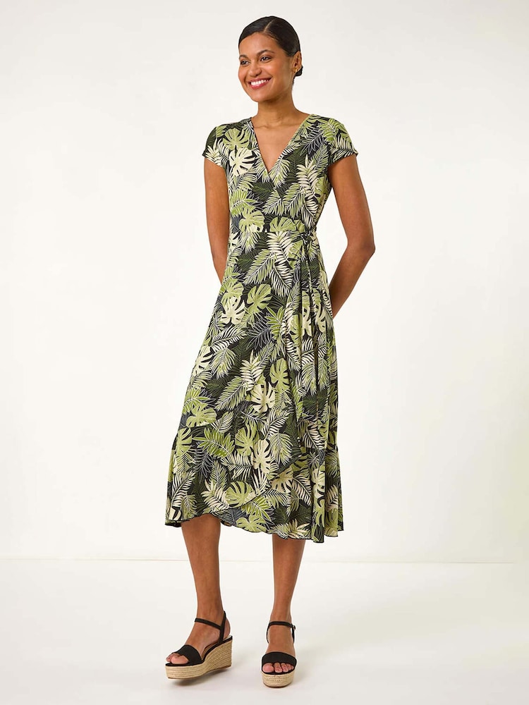 Roman Green Floral Stretch Midi Wrap Dress - Image 2 of 5