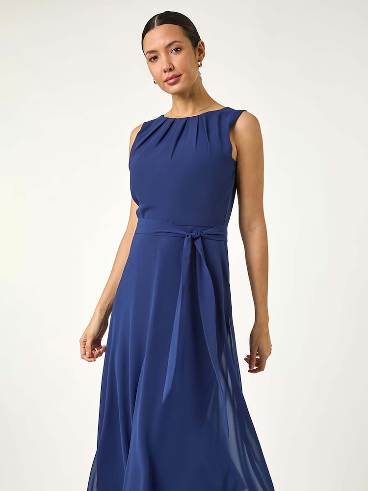 Roman Blue Chiffon Pleat Neck Midi Dress - Image 1 of 5