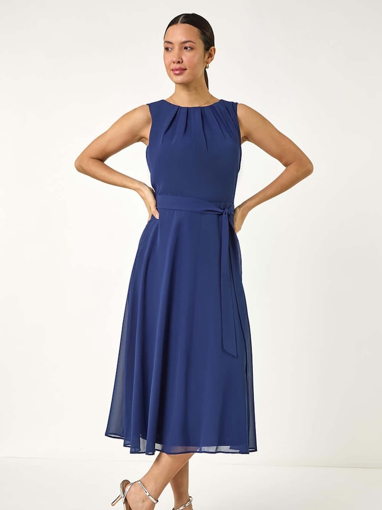 Roman Blue Chiffon Pleat Neck Midi Dress - Image 2 of 5