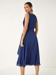 Roman Blue Chiffon Pleat Neck Midi Dress - Image 3 of 5