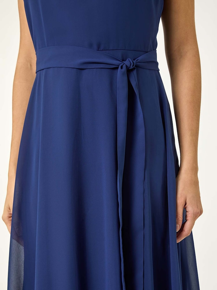 Roman Blue Chiffon Pleat Neck Midi Dress - Image 5 of 5