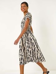 Roman Black Abstract Print Shirred Midi Dress - Image 1 of 5