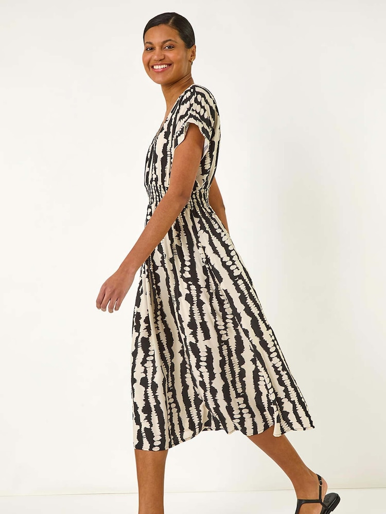 Roman Black Abstract Print Shirred Midi Dress - Image 1 of 5