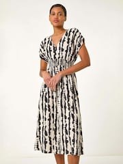 Roman Black Abstract Print Shirred Midi Dress - Image 2 of 5