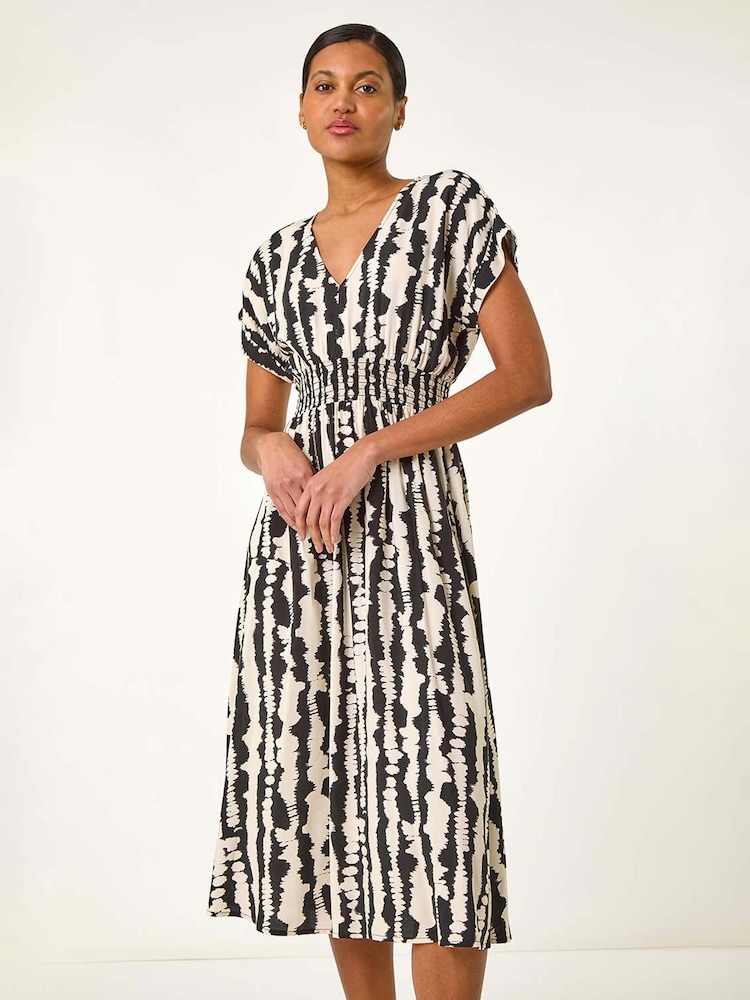 Roman Black Abstract Print Shirred Midi Dress - Image 2 of 5