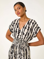 Roman Black Abstract Print Shirred Midi Dress - Image 4 of 5