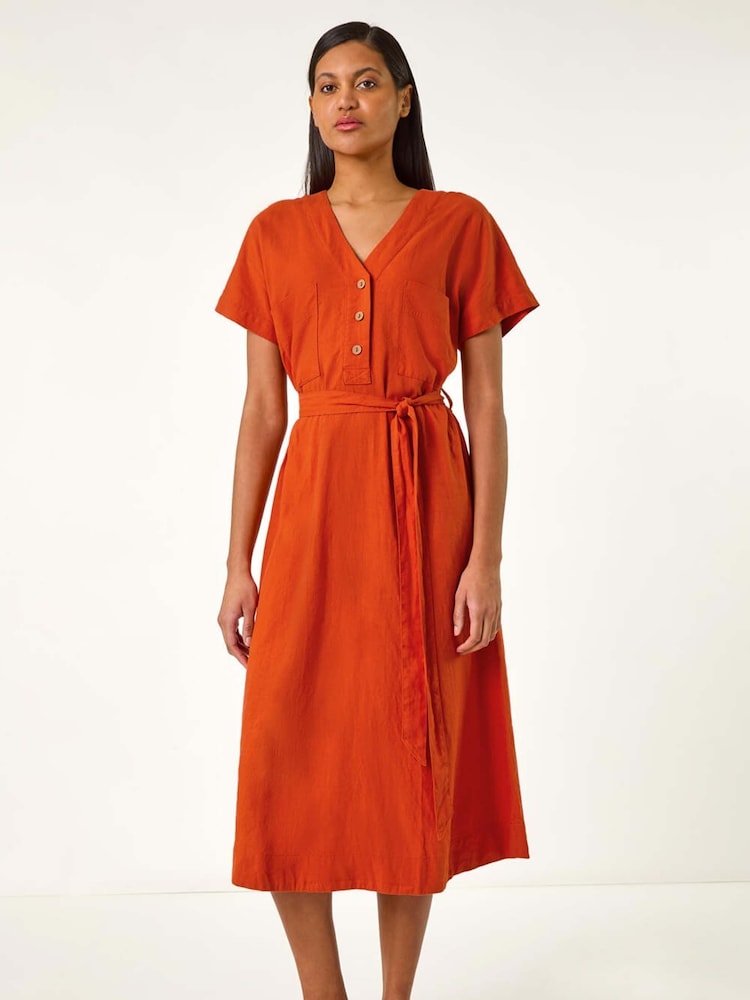 Roman Orange Button Mix Midi Dress - Image 2 of 5