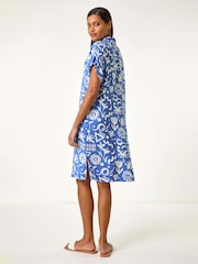 Roman Blue Abstract Print Button Shirt Dress - Image 3 of 5