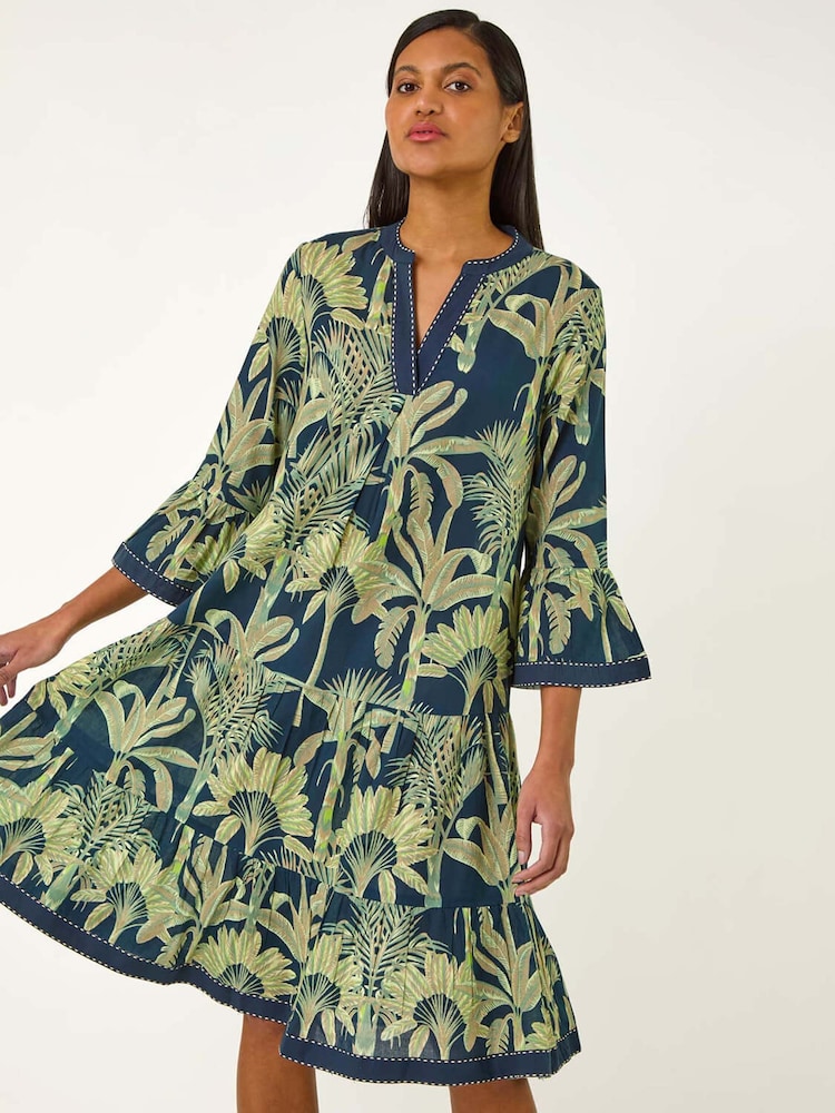 Roman Blue 100% Cotton Palm Print V-Neck Tiered Dress - Image 1 of 5