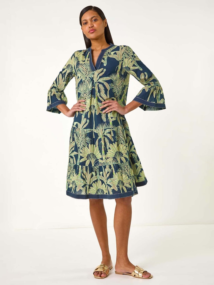 Roman Blue 100% Cotton Palm Print V-Neck Tiered Dress - Image 2 of 5