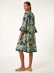 Roman Blue 100% Cotton Palm Print V-Neck Tiered Dress - Image 3 of 5