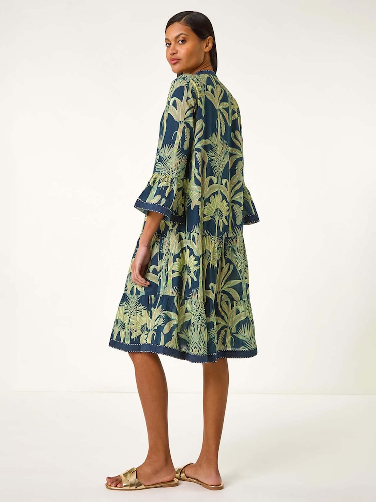 Roman Blue 100% Cotton Palm Print V-Neck Tiered Dress - Image 3 of 5