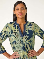 Roman Blue 100% Cotton Palm Print V-Neck Tiered Dress - Image 4 of 5