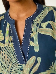 Roman Blue 100% Cotton Palm Print V-Neck Tiered Dress - Image 5 of 5