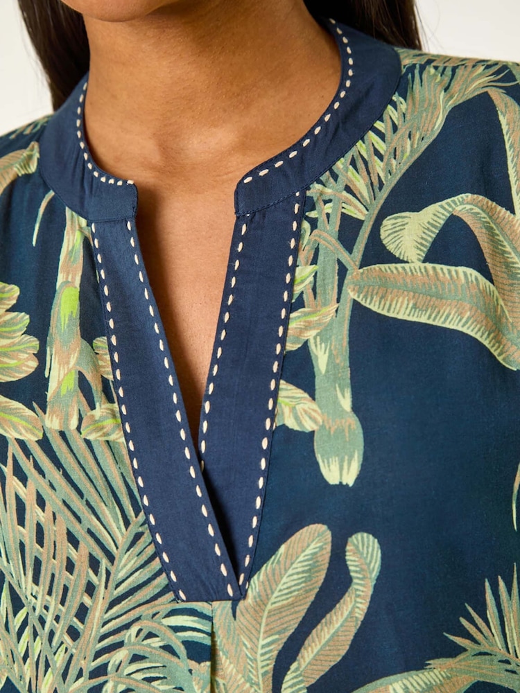 Roman Blue 100% Cotton Palm Print V-Neck Tiered Dress - Image 5 of 5